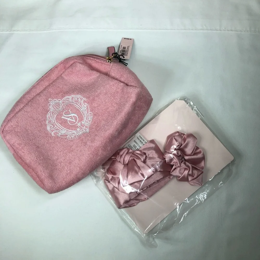 Victoria's Secret Terry Monogram Pink Cosmetic Make-up Bag Headband & Scrunchie
